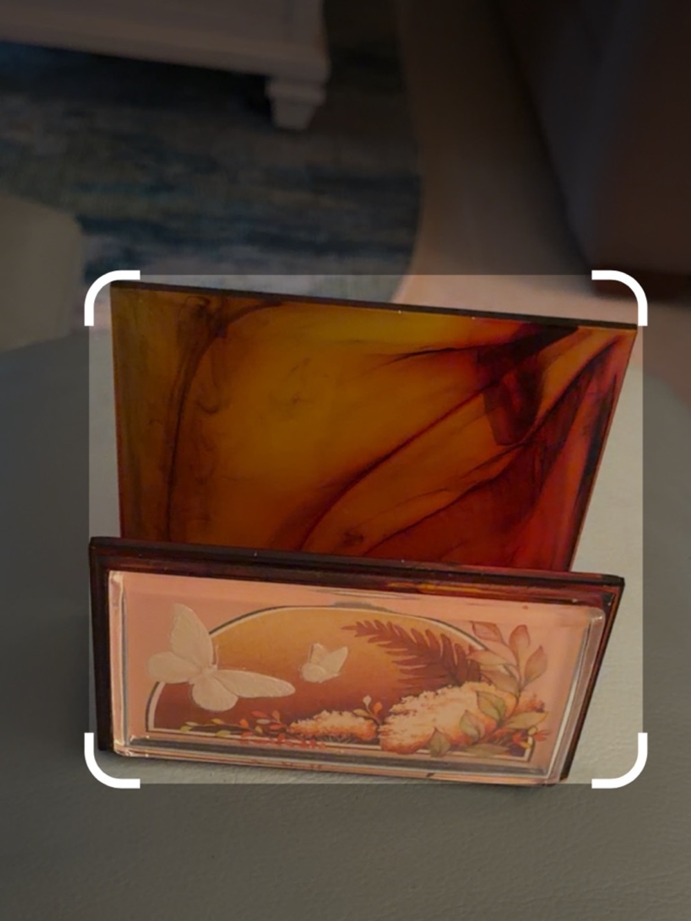 Vintage business cards or envelope holder, butterfly floral design marble lucite